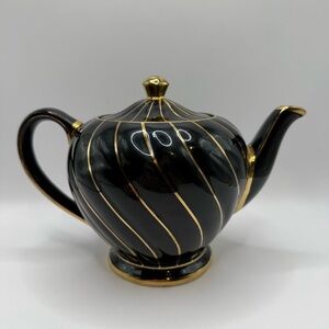 Vintage Ceramic Sadler England Teapot Black Gold Swirl Accent #1745